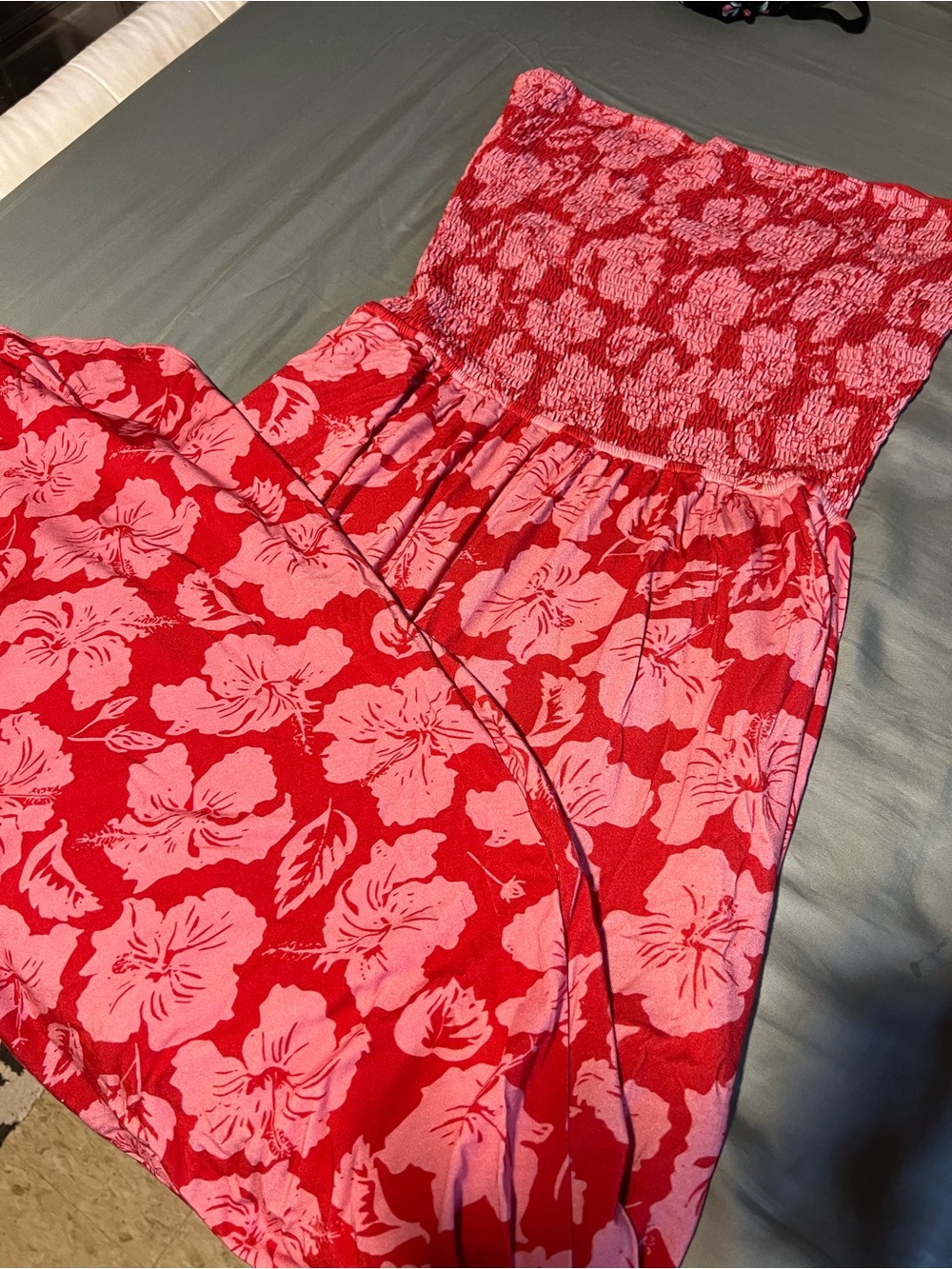 LexBreezy Red and Pink Floral Strapless Long Romper